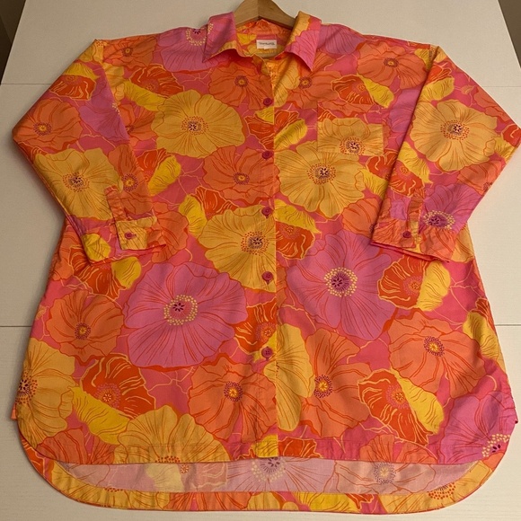 Floral Long Sleeve Organic Cotton Sleep Shirt In Sunkissed Poppies Sz Large - Picture 6 of 17
